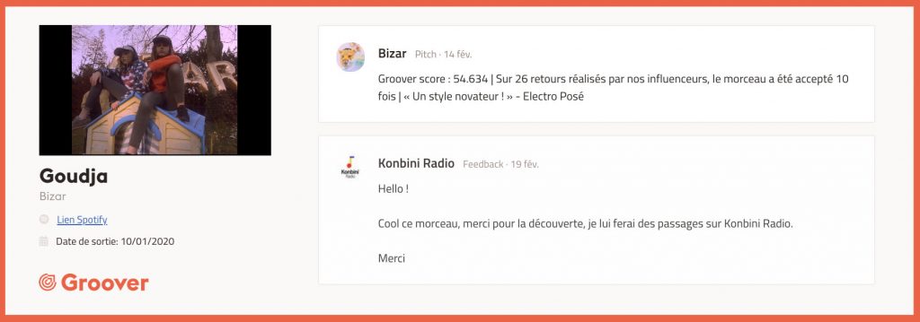 Groover - Exemple de plateforme vous permettant de recevoir des feedback de pros de la musique, avec opportunité de partage potentiel. Recevoir des feedback des fans de musique et des professionnels vous permet de savoir si vous êtes prêt pour lancer votre promotion musicale.